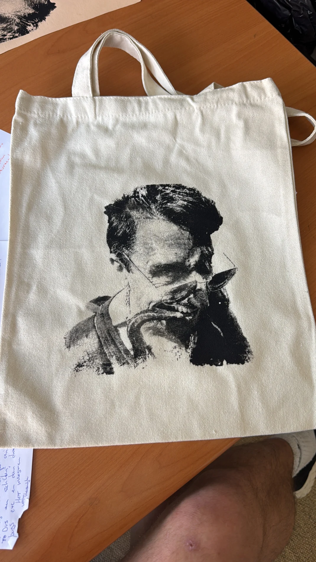 Natural canvas tote with black photographic portrait print