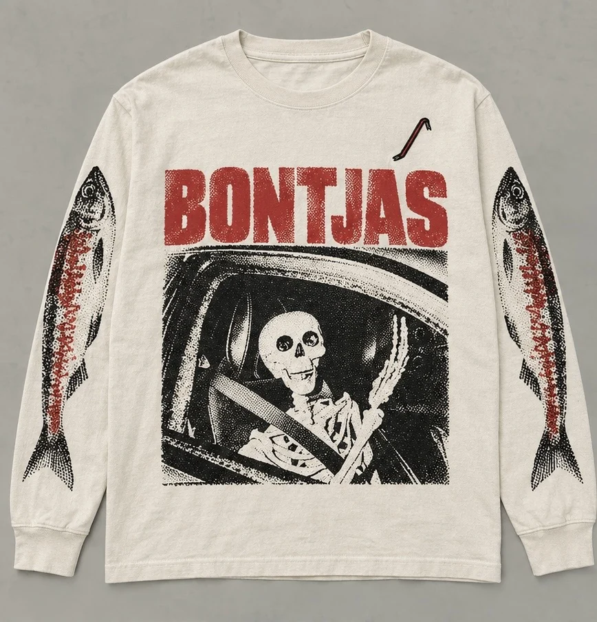 Off-white Bontjas longsleeve with red logo, black skeleton print, fish sleeves and embroidered detail